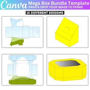May include: A Canva template image featuring a "Mega Box Bundle Template" with "15 DIFFERENT DESIGNS." The image showcases various box designs, including folded templates and assembled boxes in yellow and blue, with a white background.
