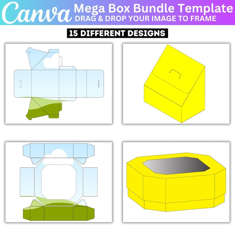 May include: A Canva template image featuring a "Mega Box Bundle Template" with "15 DIFFERENT DESIGNS." The image showcases various box designs, including folded templates and assembled boxes in yellow and blue, with a white background.