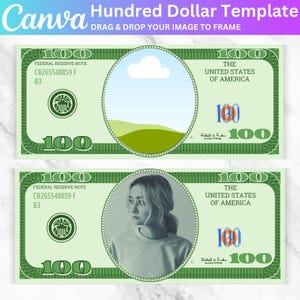 Personalized 100 Dollar Bill Template, Custom Hundred Dollar, Photo Editable Dollar Bill, Face on Dollar, Digital Download