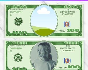 Personalized 100 Dollar Bill Template, Custom Hundred Dollar, Photo Editable Dollar Bill, Face on Dollar, Digital Download