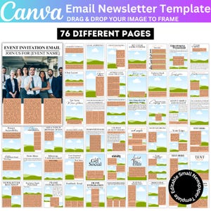 Puede incluir: Una plantilla de boletín de correo electrónico de Canva con 76 diseños de página diferentes. El diseño incluye cuadros de texto, marcadores de posición de imágenes y varios elementos de diseño. La plantilla está diseñada para una fácil personalización con la funcionalidad de arrastrar y soltar.