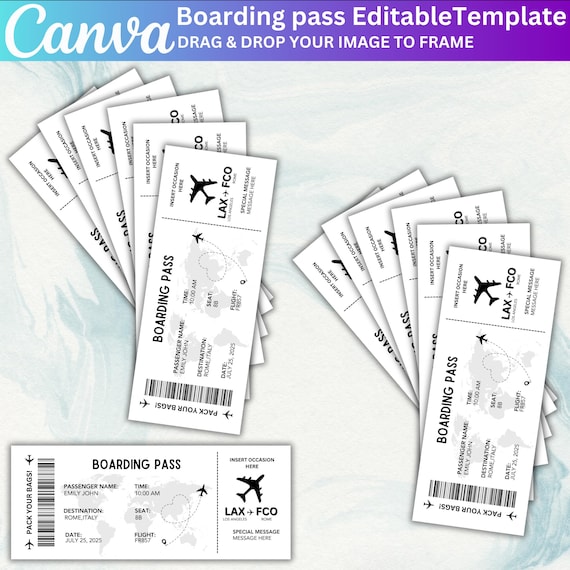 Editable Boarding Pass Template, Canva Editable Boarding Pass Surprise Trip Ticket, Airline Ticket Designs, DIY Boarding Ticket Digital