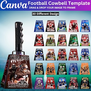 Puede incluir: Una plantilla digital de cencerro de fútbol de Canva con 30 diseños diferentes. La imagen principal muestra un cencerro negro con un mango negro, que muestra un gráfico de un jugador de fútbol Wild Cats, el texto Wild Cats #71 y Matthew.