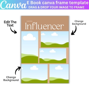May include: A brown and tan e-book cover template with the text "Guide Book Influencer" in white. The cover has four image placeholders with a blue sky and green hills background.