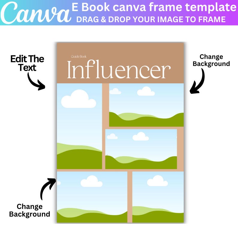 May include: A brown and tan e-book cover template with the text "Guide Book Influencer" in white. The cover has four image placeholders with a blue sky and green hills background.