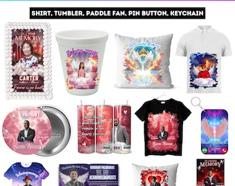 Memorial Party Favor Canva Editable Bundle, Pink Memorial Mockup Designs, Funeral Pillow, Grave Blanket, Pin Button, Ribbon, Memorial Shirts