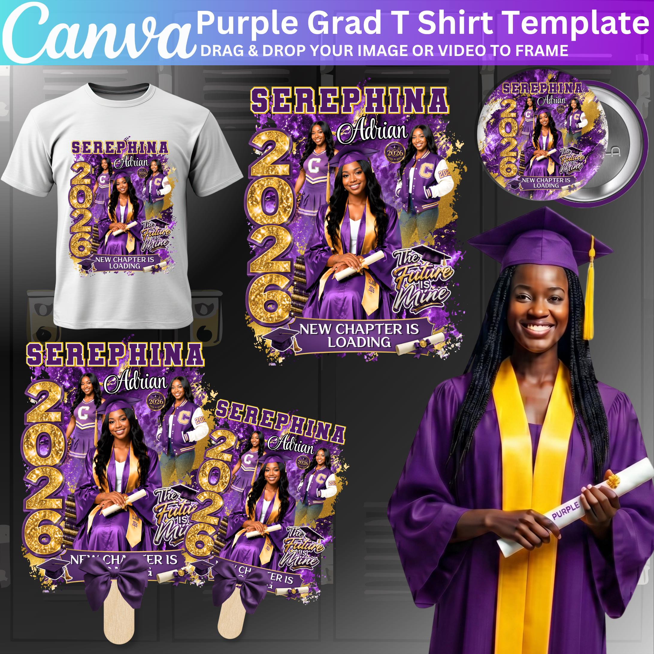 Purple Graduation Party 2026 Canva Template Bundle, All Over Shirt, Pin ...