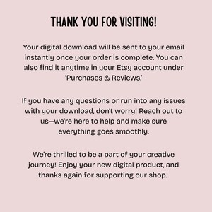 以下が含まれることがあります： 「THANK YOU FOR VISITING!」のテキストと、デジタルダウンロード、Etsyアカウント、カスタマーサポートに関する追加テキストが記載された、明るいピンク色のグラフィック。顧客のサポートに対する感謝の気持ちを表しています。