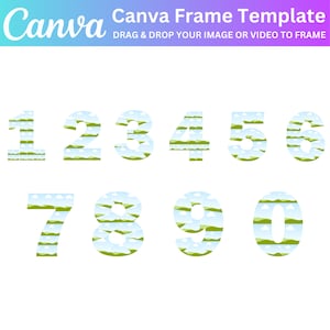 May include: Numbers 1 through 0 with a green and blue landscape pattern. The numbers are white and outlined in black.