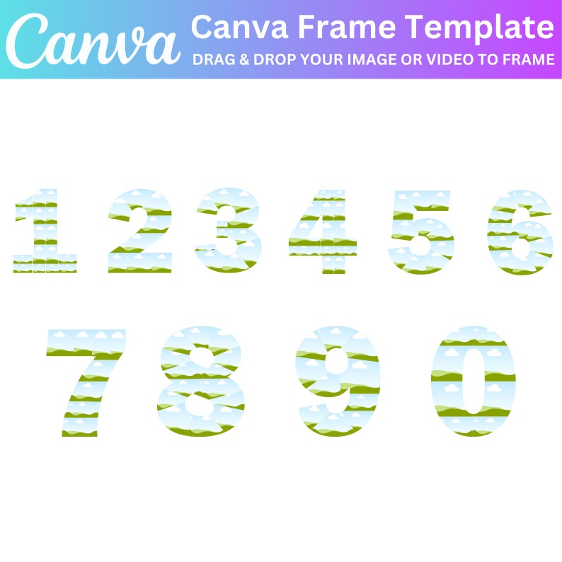 May include: Numbers 1 through 0 with a green and blue landscape pattern. The numbers are white and outlined in black.