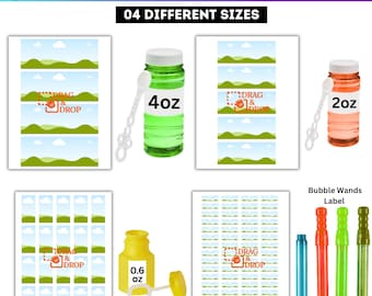 Bundel met bubbelflesetiketsjabloon, canva bewerkbare bubbelfleslabelframes, 0,6 oz, 2 oz, 4 oz en bubbelstaafjes, gunst voor kinderfeestje