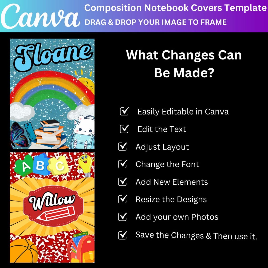 12 Composition Notebook Cover Template Bundle, Editable Canva ...