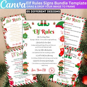 Könnte beinhalten: Ein Bundle aus fünf weihnachtlichen Elf Rules-Schildern mit festlichen rot-grünen Rändern. Jedes Schild zeigt spielerische Illustrationen von Elfen, Weihnachtsbäumen und Strümpfen, mit dem Text "Elf Rules" und verschiedenen Anweisungen.