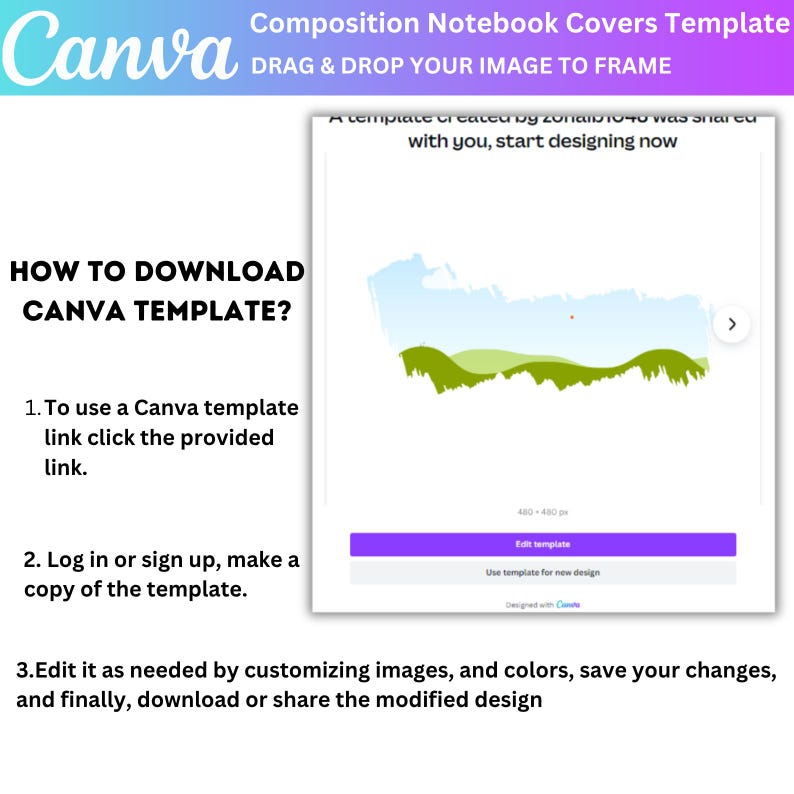 May include: A Canva template design for composition notebook covers. The image includes instructions on how to download the template, with a preview of the design and a call to action button. The Canva logo is visible in the top left corner.