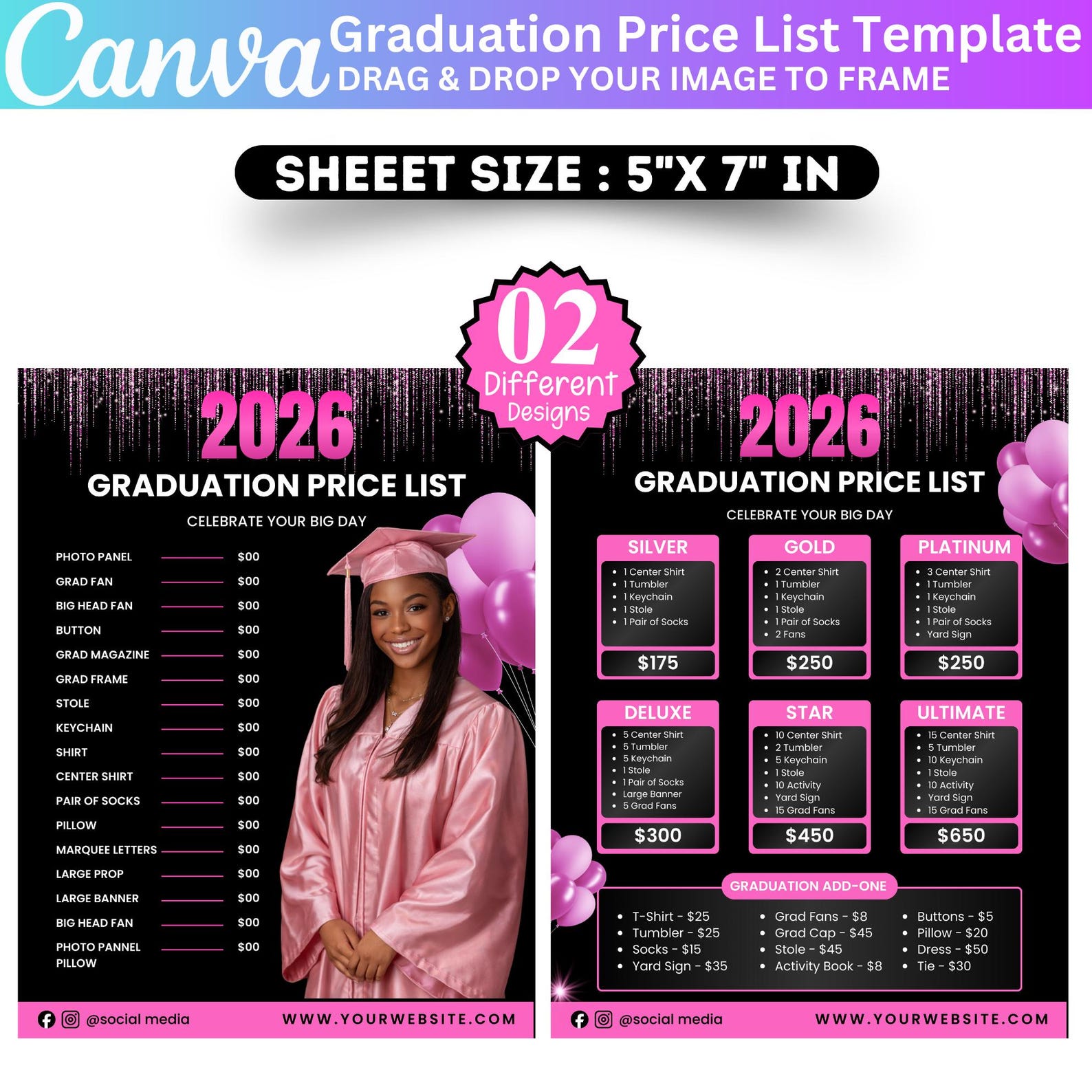 Grad List 2x Pink Graduation Price List Canva Editable Template, Graduation ...