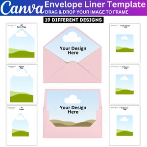 May include: A Canva envelope liner template set featuring 19 different designs. The image displays various envelope shapes with open flaps, including Euro Flap, Square Flap, and A6 Linear styles, with placeholders labelled Your Design Here.