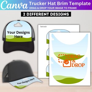 Peut inclure: Un modèle de visière de casquette de camionneur, avec deux designs différents. L'image comprend une casquette de camionneur noire avec une visière blanche et un modèle avec le texte "Your Designs Here". Le texte "DRAG & DROP" est également visible.
