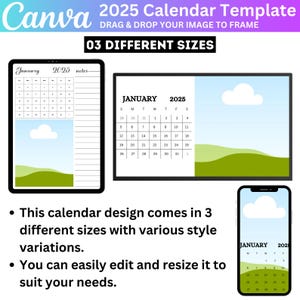 2025 Calendar Canva Editable Template, 2025 Photo Calendar, Phone, iPad & Desktop Blank Calendar, 16 Set Bundle,  2025 Wall Calendar