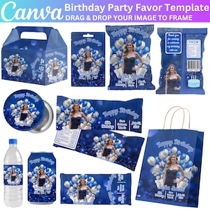 May include: A selection of blue birthday party favour templates. Designs include a gift box, bags, candy wrappers, a button, a water bottle, and a can. Each item features a photo of a woman, balloons, and the text "Happy Birthday" and "Sofia Smith."