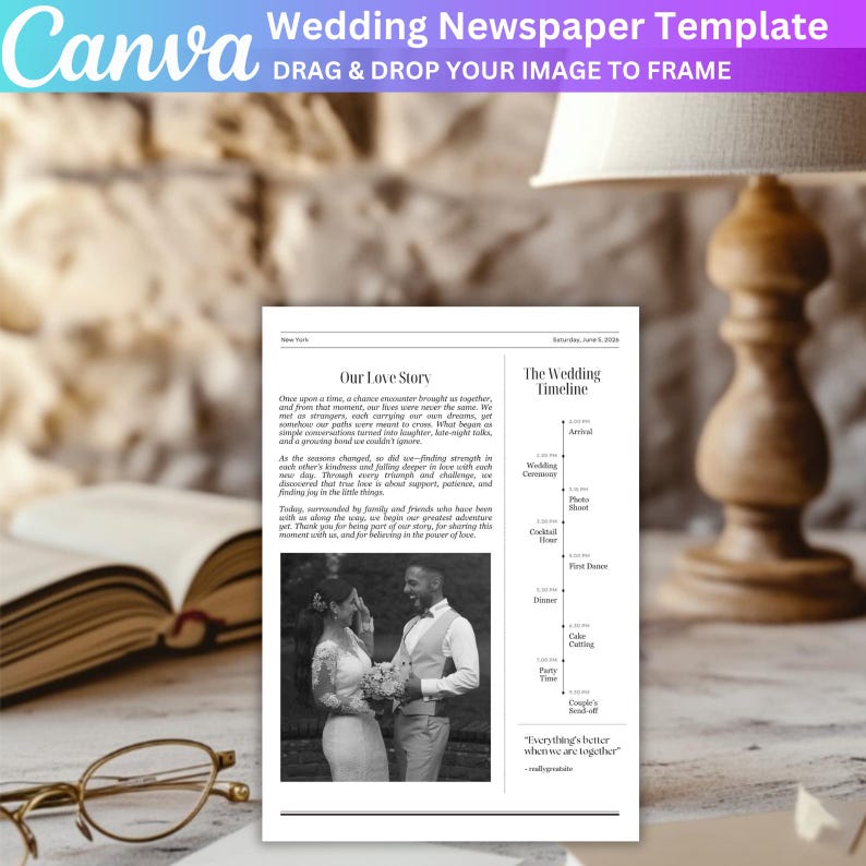May include: A wedding newspaper template with the Canva logo at the top. The newspaper features a black and white photo of a couple, text, and a wedding timeline. The text includes the phrases "Our Love Story" and "Everything's better when we are together."