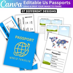 Canva Editable US Passports for Kids Template, Passport, Playing Travel Tickets and Learning, Stamps & Visas, kids Boarding Pass Printable