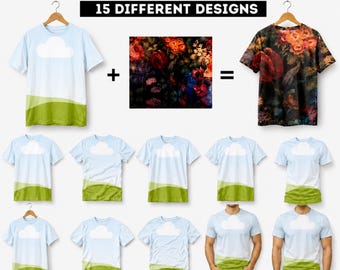 Könnte beinhalten: Eine bearbeitbare Canva T-Shirt-Mockup-Vorlage mit 15 verschiedenen Designs. Die Grafik zeigt ein hellblaues T-Shirt mit einer weißen Wolke und grüner Landschaft, ein Blumenmuster und ein fertiges T-Shirt mit dem Blumenaufdruck.