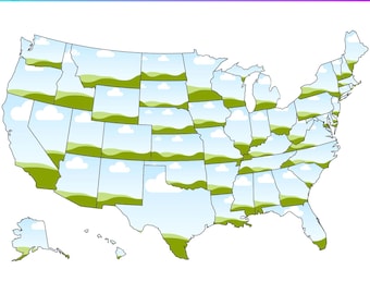 May include: A map of the United States with each state outlined in black. The states are filled with a pattern of green hills and white clouds on a light blue background. The text "Canva US States Map Template" is at the top of the image. The text "DRAG & DROP YOUR IMAGE OR VIDEO TO FAME" is below the title.