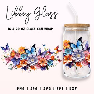 Butterflies Flowers Libbey Glass PNG, 16oz & 20oz Libbey Can Wrap, Coffee Glass Can png, 16oz Full Wrap, Can Glass Wrap, Digital Download