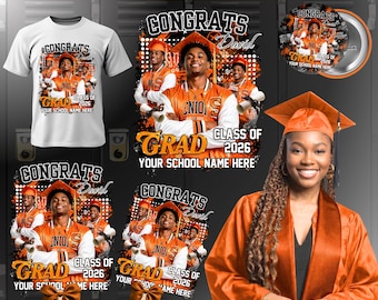 Orange Abschlussfeier 2026 T-Shirt Canva Template Bundle, Abschluss Pin Button, Fan Paddle Design, Klasse von 2026 bearbeitbare bestandene Fotovorlage