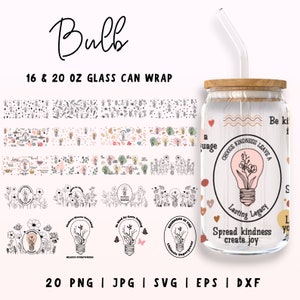 Wildflower Lightbulb Libbey Glass Wrap Bundle, 16oz & 20oz Wildflowers Libbey Glass Svg, Sublimatie Libbey Can, Full Wrap Libbey Cricut Cut