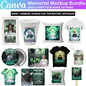 Green Memorial Party Favor Canva Editable Bundle, Memorial Mockup Design, Pillow, Grave Blanket, Pin Button, Ribbon, Memorial Shirt Template
