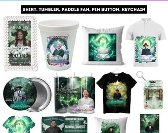 Green Memorial Party Favor Canva Editable Bundle, Memorial Mockup Design, Pillow, Grave Blanket, Pin Button, Ribbon, Memorial Shirt Template