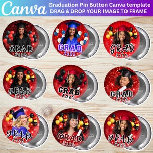 Red Graduation Pin Button Canva Editable Template, Congrats 2025 Button, High School Graduation Template, Pin Button Canva Digital Download