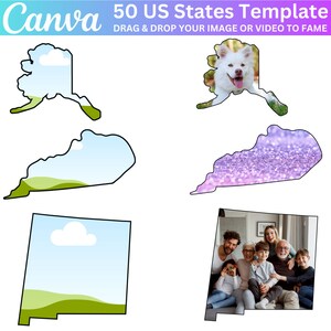 May include: A template for creating a design with the outlines of all 50 US states. The states are shown with different backgrounds, including a dog, glitter, a family photo, and a blue sky with clouds.