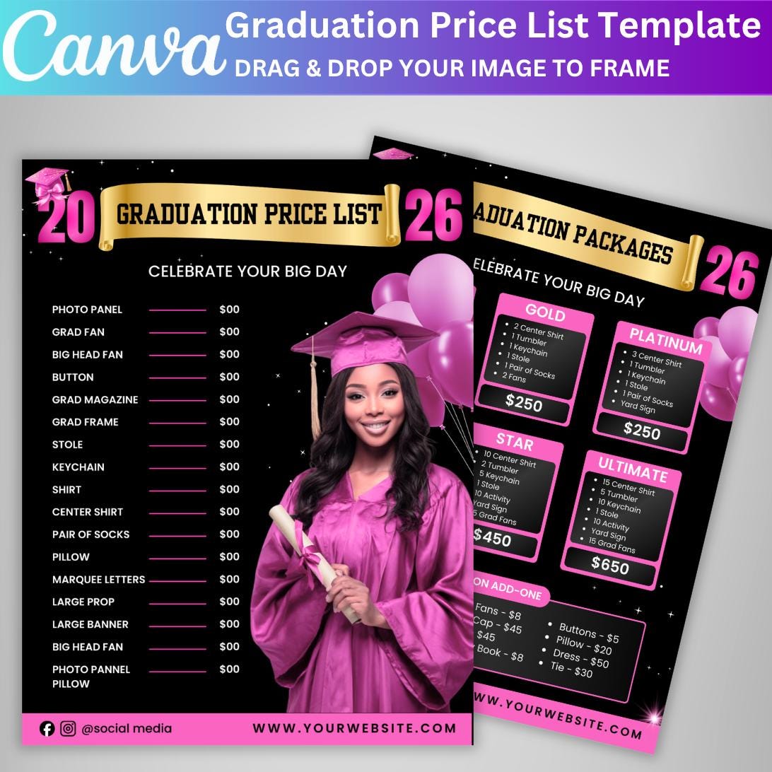 Grad List 4X Graduation Price List Canva Editable Template, Class of 2026 Grad ...