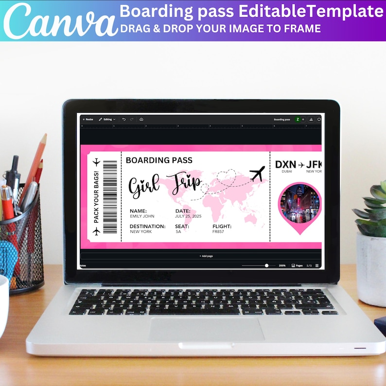 May include: A laptop screen shows a pink and white boarding pass template with the words "Girl Trip." The template includes fields for name, destination, date, seat, and flight details. The Canva logo is visible in the top left corner.