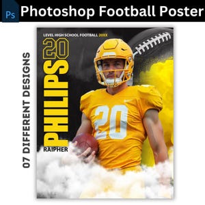 May include: A football poster with a yellow and black color scheme. The poster features a football player wearing a yellow jersey with the number 20 on it. The player is holding a football in his right hand. The poster also includes the text "LEVEL HIGH SCHOOL FOOTBALL 20XX" and "PHILIPS RAIPHER 20".