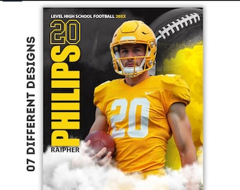 May include: A football poster with a yellow and black colour scheme. The poster features a football player wearing a yellow jersey with the number 20 on it. The player is holding a football in his right hand. The poster also includes the text "LEVEL HIGH SCHOOL FOOTBALL 20XX" and "PHILIPS RAIPHER 20".