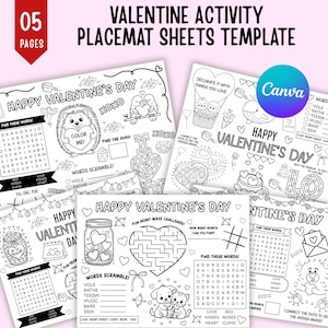 Peut inclure: Mod&egrave;le de feuilles de napperons d'activit&eacute; de la Saint-Valentin avec diverses activit&eacute;s. Les feuilles comprennent des jeux de mots, des labyrinthes, des pages &agrave; colorier et des points &agrave; relier. Le design pr&eacute;sente des c&oelig;urs, des animaux et le texte "Happy Valentine's Day". Le logo Canva est visible.