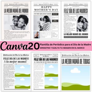 Jornal personalizado para o Dia das Mães, modelo para o Dia das Mães no Canva, cartão editável para impressão em inglês e espanhol, presente bilíngue personalizado para a mãe