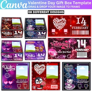 May include: A collection of Valentine's Day gift box templates with various designs. Each box features the text "Happy Valentine's Day" and "14 February". Some designs include teddy bears, penguins, and the question "Will you be my Valentine?"