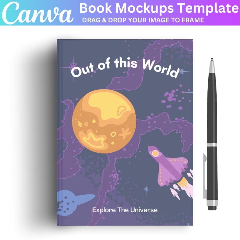 May include: A book cover mockup with a purple, blue, and yellow space-themed design. The title of the book is "Out of this World" and the text below the title says "Explore The Universe".