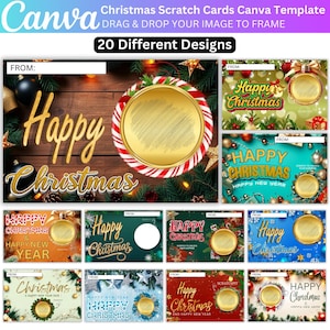 May include: A collection of Christmas scratch card templates with various designs. Each card features a gold scratch-off area and the words "Happy Christmas" or "Happy New Year." The Canva logo and text are visible at the top.
