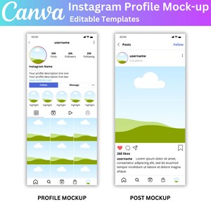 May include: Mockup of an Instagram profile and post. The profile shows a username, 500 posts, 20k followers, 200 following, a profile picture of a green hill with a white cloud, and a description. The post shows a green hill with a white cloud, 260 likes, a username, and a caption that reads "Lorem ipsum dolor sit amet, consectetur adipiscing elit, sed do eiusmod tempor incididunt ut labore et dolore magna aliqua."