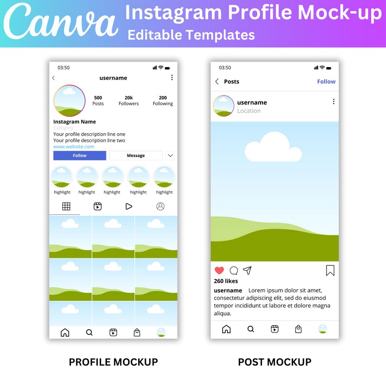 May include: Mockup of an Instagram profile and post. The profile shows a username, 500 posts, 20k followers, 200 following, a profile picture of a green hill with a white cloud, and a description. The post shows a green hill with a white cloud, 260 likes, a username, and a caption that reads "Lorem ipsum dolor sit amet, consectetur adipiscing elit, sed do eiusmod tempor incididunt ut labore et dolore magna aliqua."