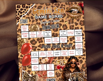 Juego de mesa de cumpleaños Gemini SZN, juego de cumpleaños con estampado de guepardo editable en Canva, actividad de cumpleaños astrológica, tablero para beber Gemini SZN, digital