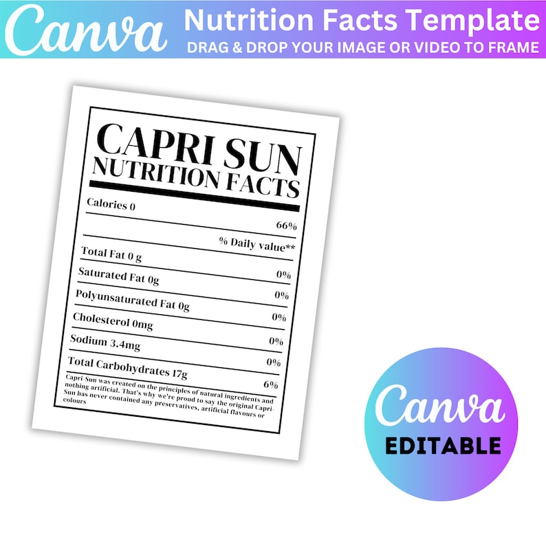 Puede incluir: Una etiqueta blanca de informaci&oacute;n nutricional para Capri Sun con el texto "Capri Sun Nutrition Facts" en negro. La etiqueta enumera la informaci&oacute;n nutricional de la bebida, incluidas las calor&iacute;as, la grasa, los carbohidratos y el sodio. La etiqueta tambi&eacute;n indica que Capri Sun est&aacute; hecho con ingredientes naturales y no contiene conservantes, sabores artificiales ni colorantes.