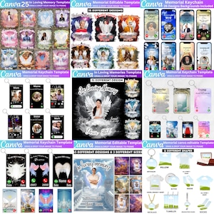 May include: A collection of memorial templates and products. The image showcases various designs for keychains, phone backgrounds, and other items. The designs include angel wings, photos, and the text "In Loving Memory".