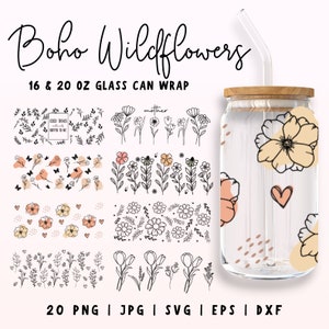 May include: A set of 20 digital designs featuring boho style wildflowers in black and white and colour. The designs are perfect for creating custom can wraps for 16 and 20 ounce glass cans. The designs include various floral patterns, including daisies, tulips, and other wildflowers. The designs are available in PNG, JPG, SVG, EPS, and DXF formats.
