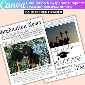 Canva Graduation Party Invite Newspaper Template, 2025 Graduation Newspaper For Photoshoot Designs, Editable Newspaper Grad Canva Template